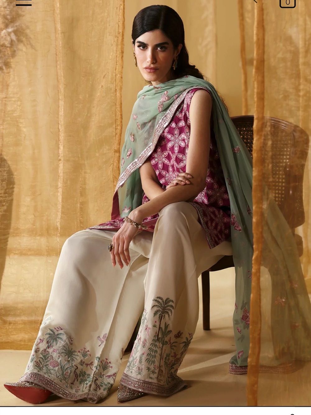 Ethnc pk Embroidered Pink Tunic with Cream Wide-Leg Pants and Mint Dupatta